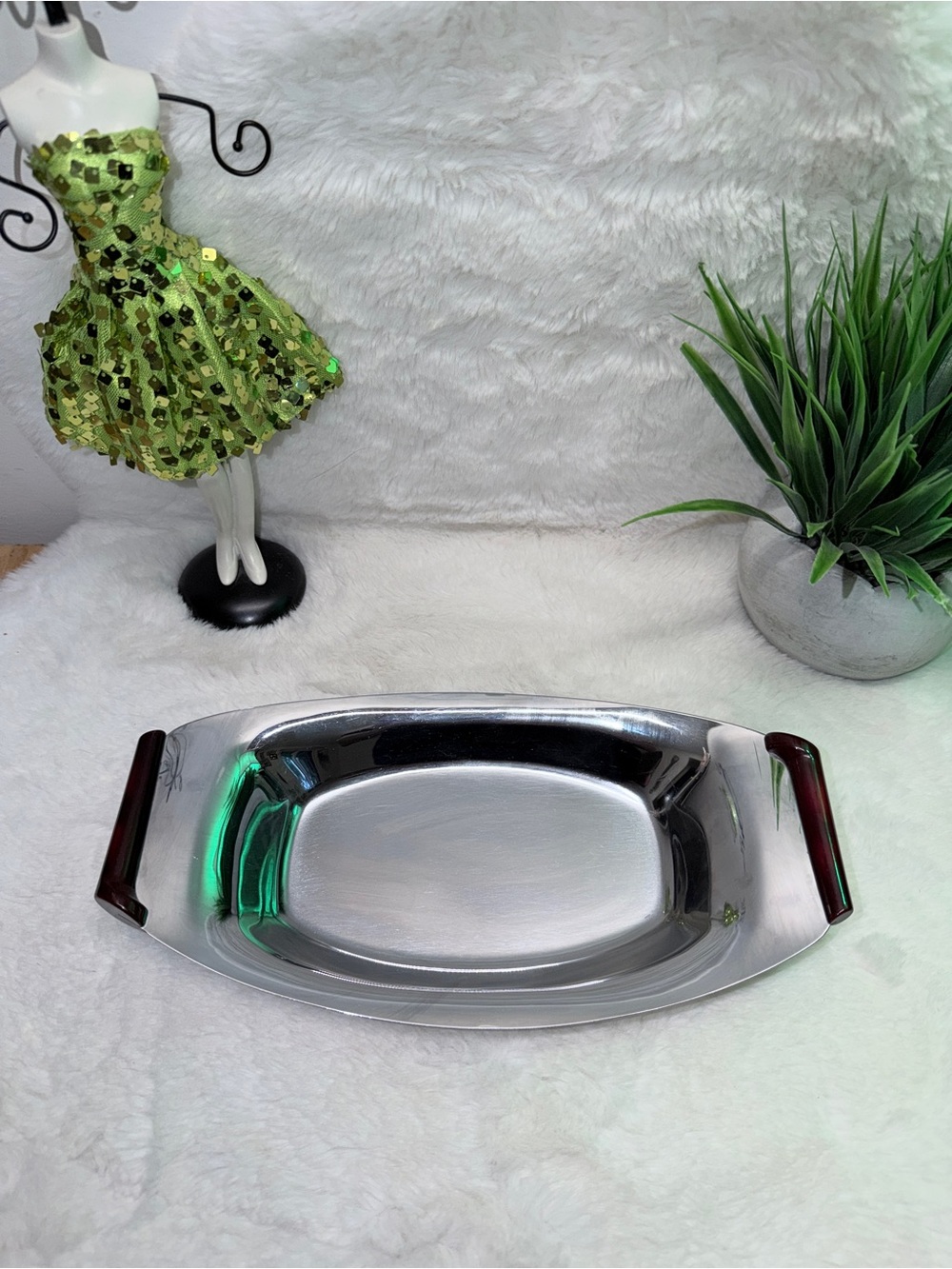 Vintage Stainless Steel Serving Tray w/ Unique Cherry Red Bakelite Handles 💝